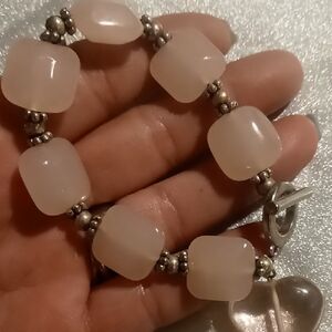 Pink Rose Quartz and Heart Charm With Silver Accents Bracelet. Expandable